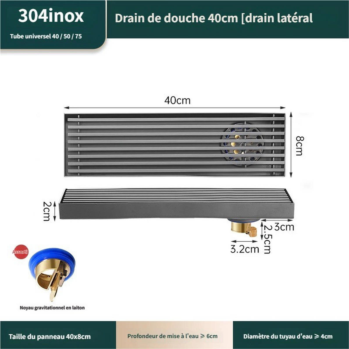 BODENABLAUF – 8 x 40 cm – Seitlicher Abgang - Grau, Metall (12.4/51/6.8cm)
