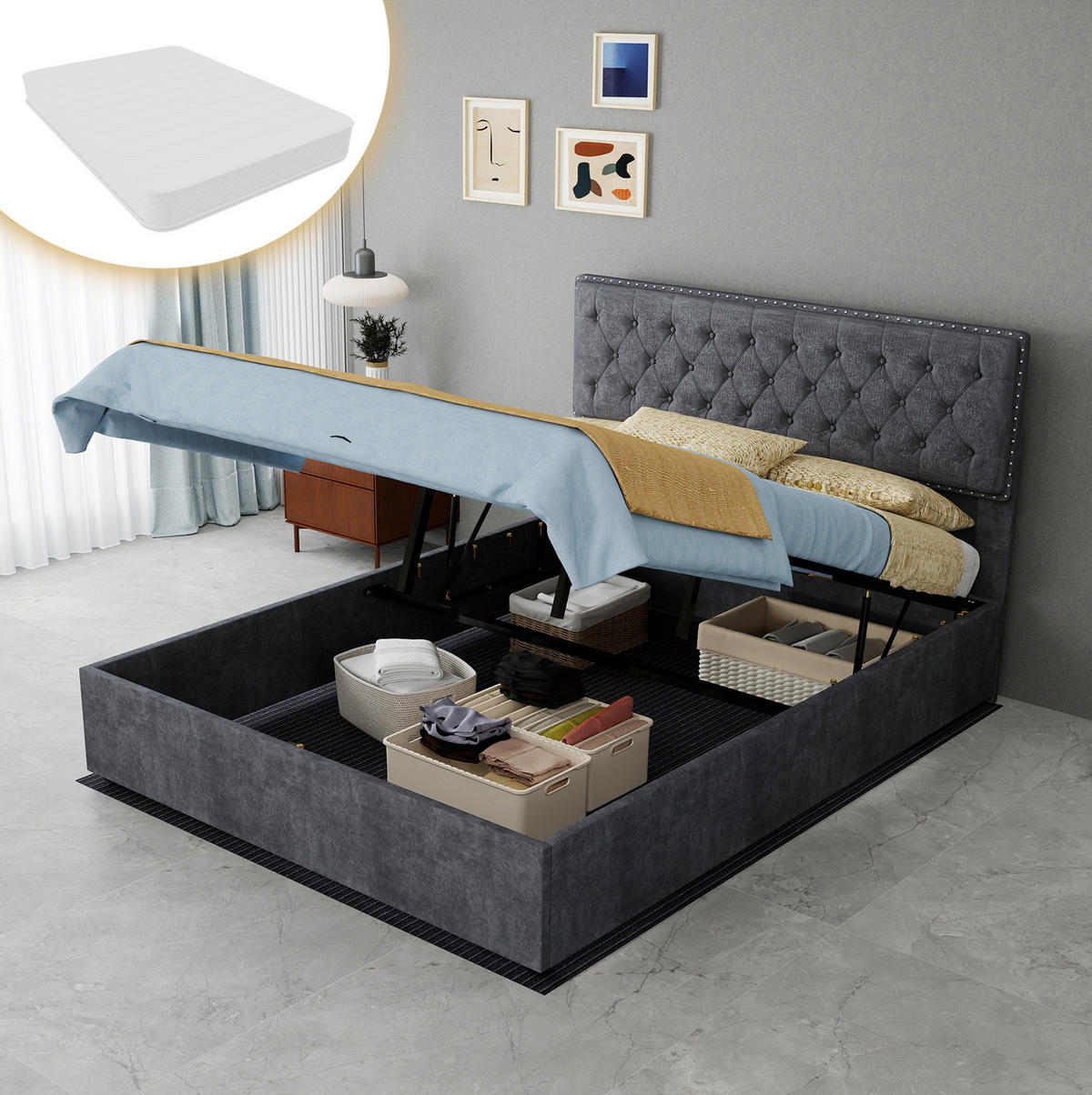 POLSTERBETT 140/200 cm mit hohem Kopfteil, Stauraum unter dem Bett und Matratze, Grau - Grau, Textil (140/200cm) - Redom