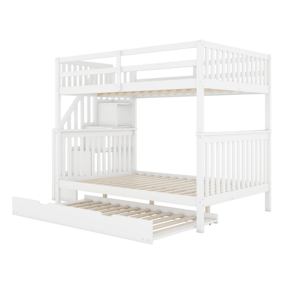 ETAGENBETT 140/200 cm aus Kiefer und MDF mit Treppenregal und ausziehbarem Rollbett Weiß - Weiß, Holz (140/200cm) - Modenvie