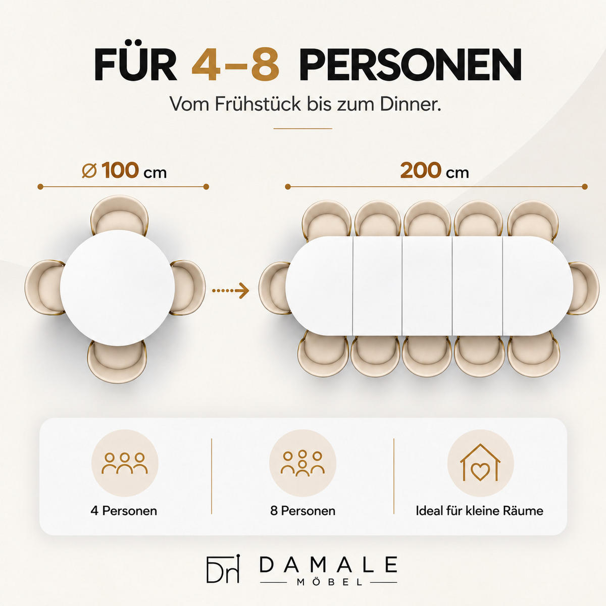 ESSTISCH rund ausziehbar 100/200/76 cm, Weiß, 54 cm Tischplatte + X Metallbeine Gold - Goldfarben/Weiß, Holzwerkstoff/Metall (100/200/76cm) - Damale Möbel