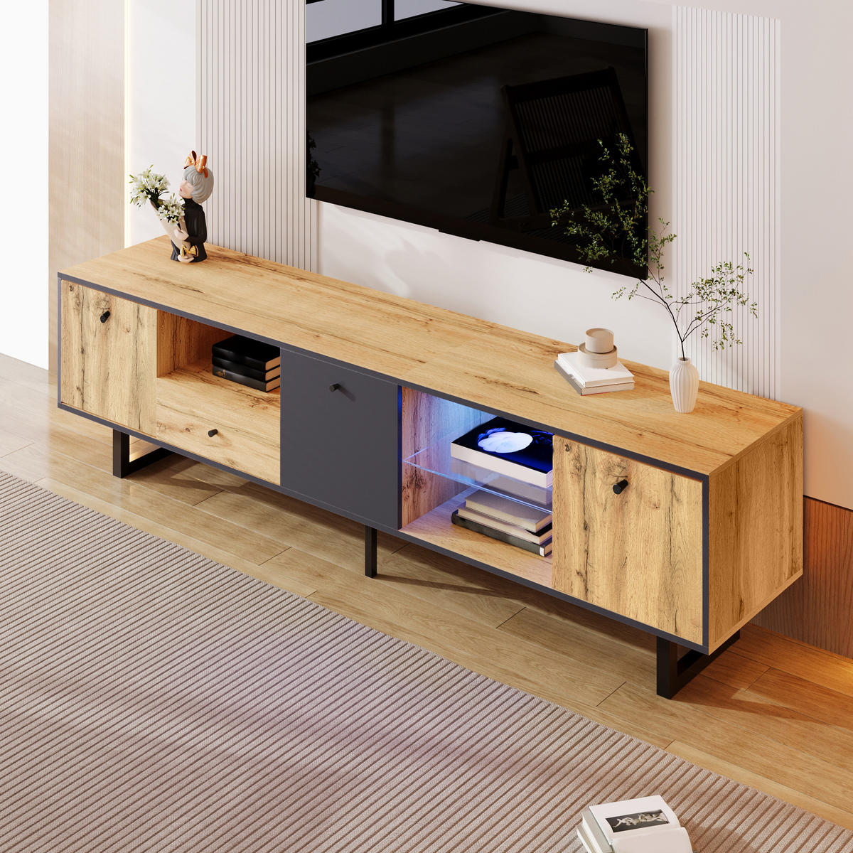 TV STOLEK přírodní, LED světelný efekt, do obývacího pokoje, 190×40×50 cm - přírodní/černá, kov/kompozitní dřevo (190/50/40cm) - STILVORA
