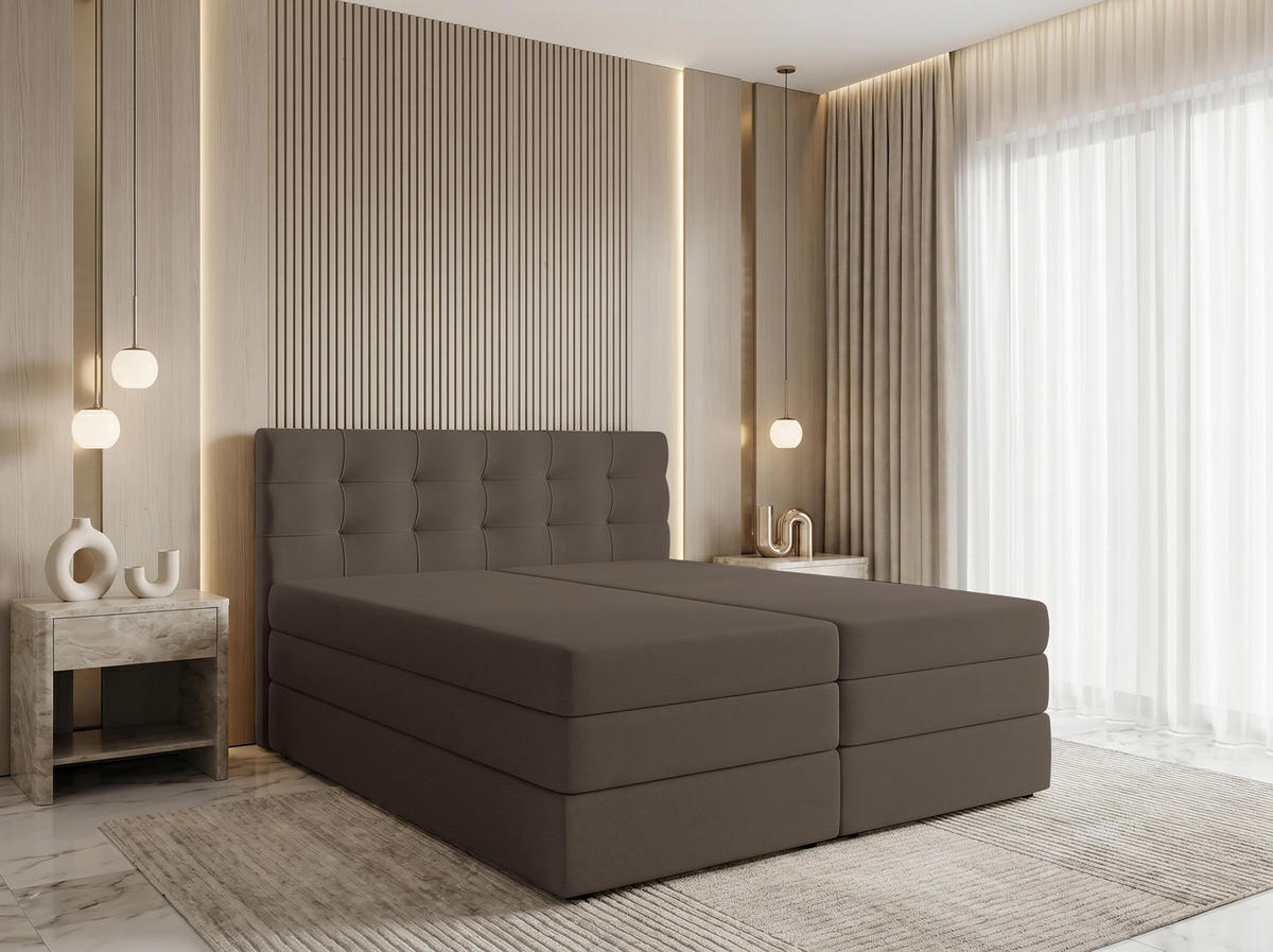 BOXSPRINGBETT FINIKE 160x200 cm mit Bettkasten und 2 Matratzen - Braun + TOPPER - Beige/Schwarz, Holz/Holzwerkstoff (160/200cm) - AX Living