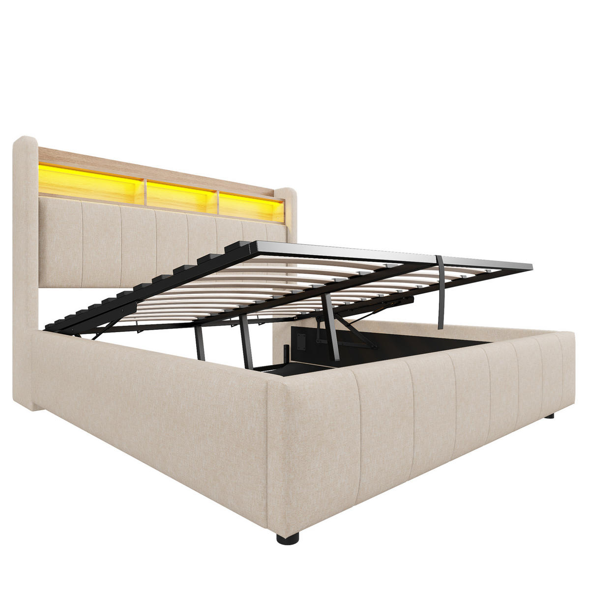 POLSTERBETT mit Stauraum 160x200 cm Leinenstoff Beige - Beige, Metall (160/200cm) - Meubliv