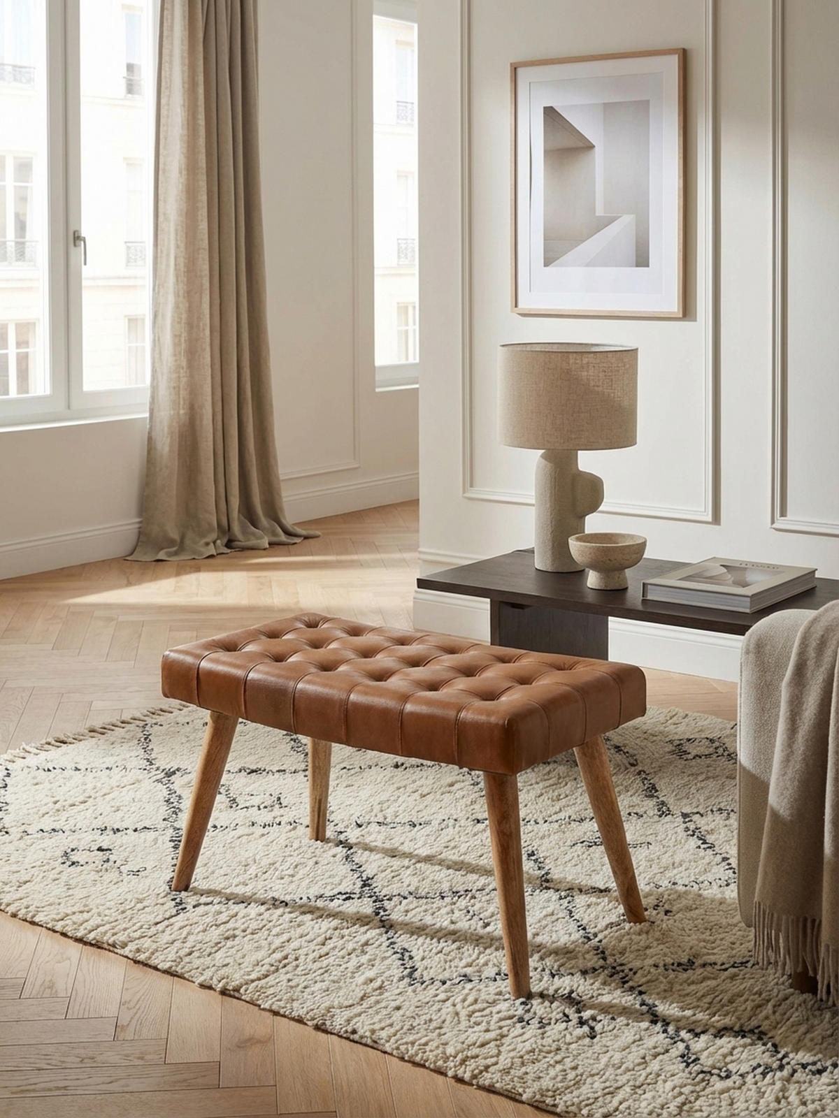 SITZHOCKER – Echtleder/Naturholz, modern, 120 kg Belastbarkeit - Braun, Mangoholz/Leder (67/47/39cm) - KADIMA DESIGN