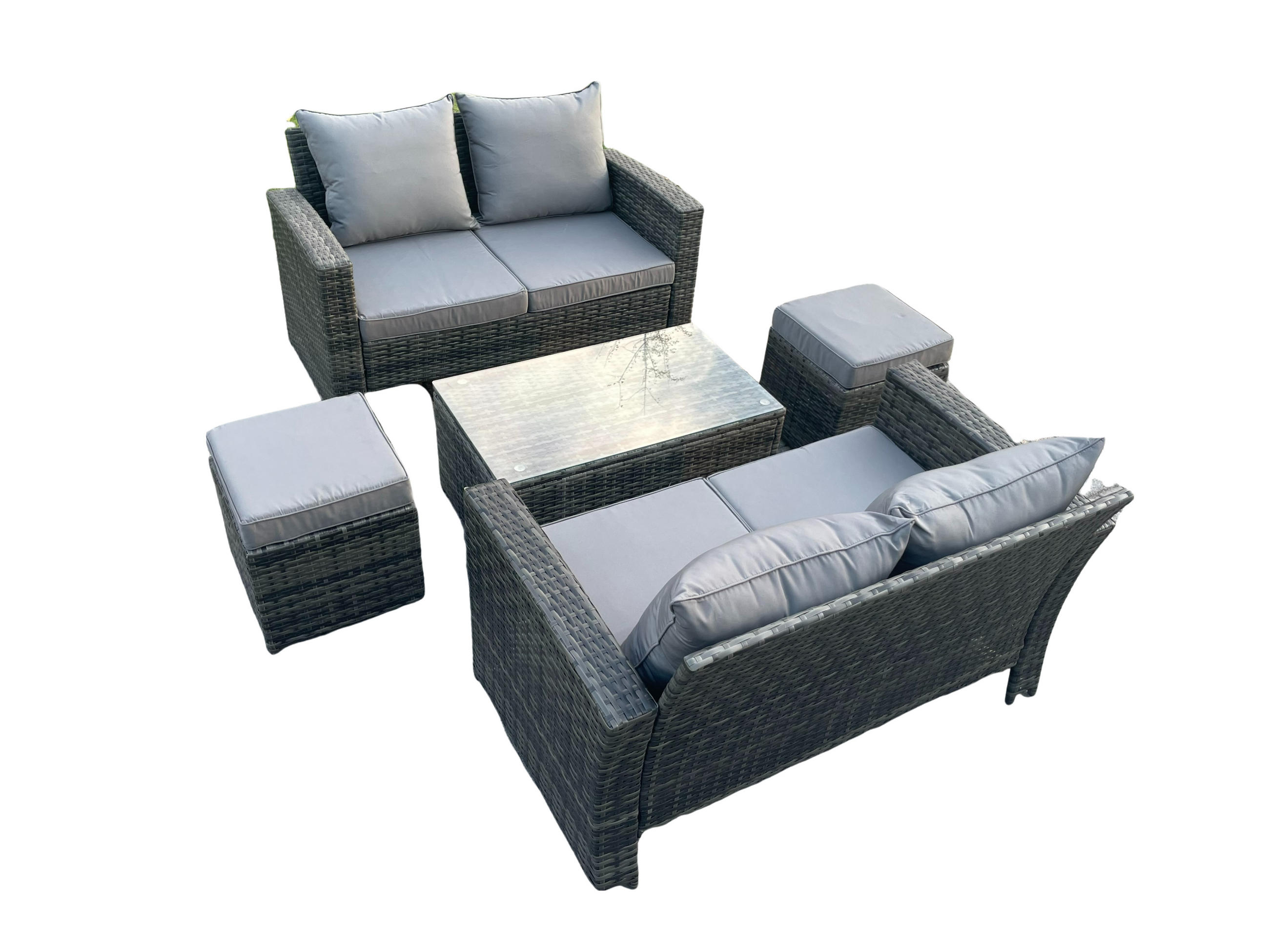 GARTENMÖBEL-SET MIT COUCHTISCH DOPPELSITZ-SOFA Polyrattan Dunkelgrau Gemischt 6-Sitzer - Dunkelgrau, Metall - Fimous