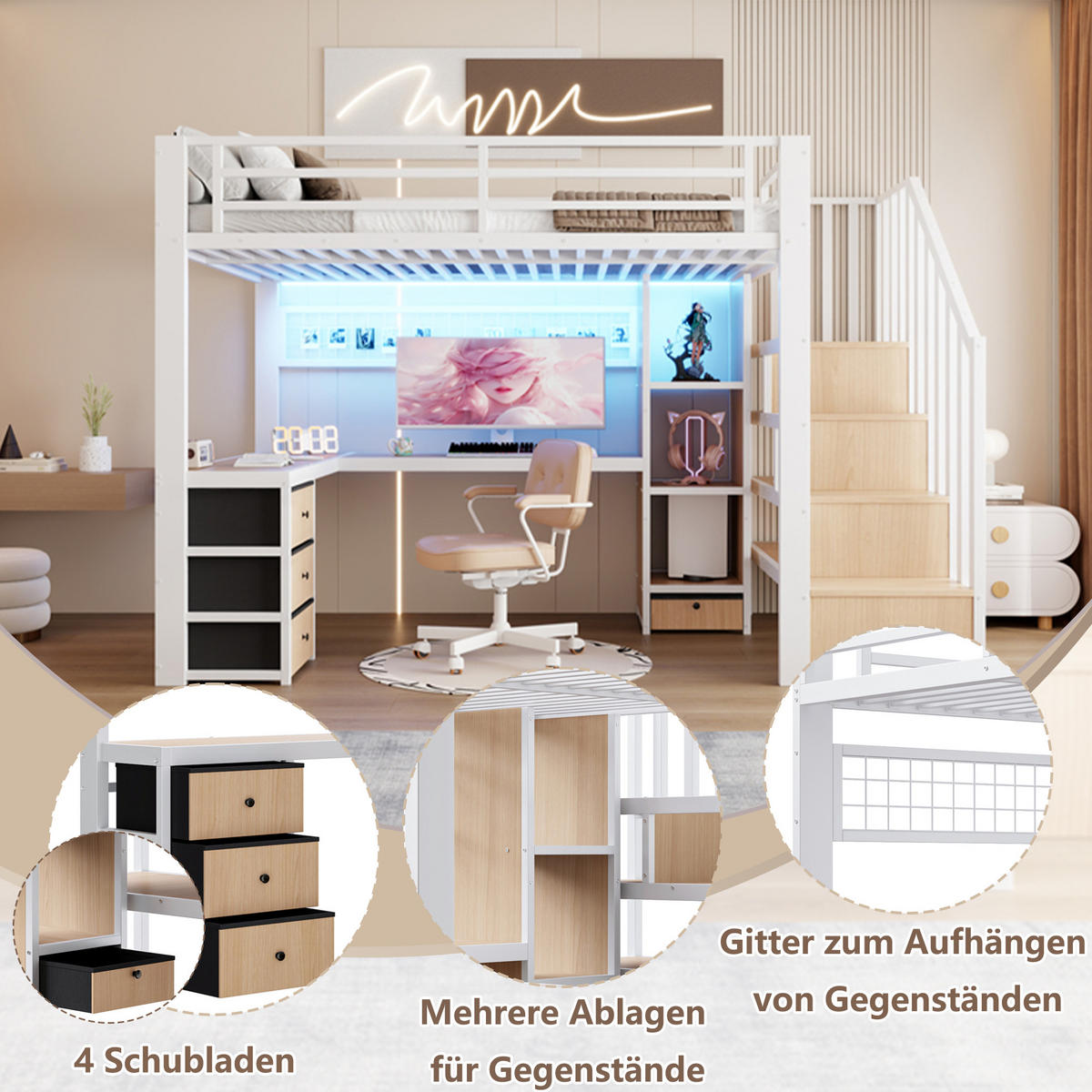 HOCHBETT 90/200 cm in Weiß mit 4 Schubladen, LED und Schreibtisch - Weiß, Holzwerkstoff/Metall (90/200cm) - STILVORA