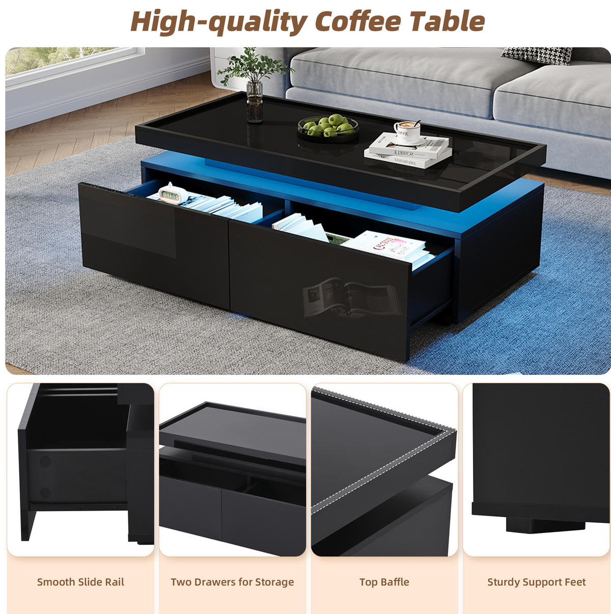 COUCHTISCH aus Spanplatte 95x45x35 cm in Schwarz mit LED & 2 Schubladen - Schwarz, Holzwerkstoff (95/45/35cm) - Modfu