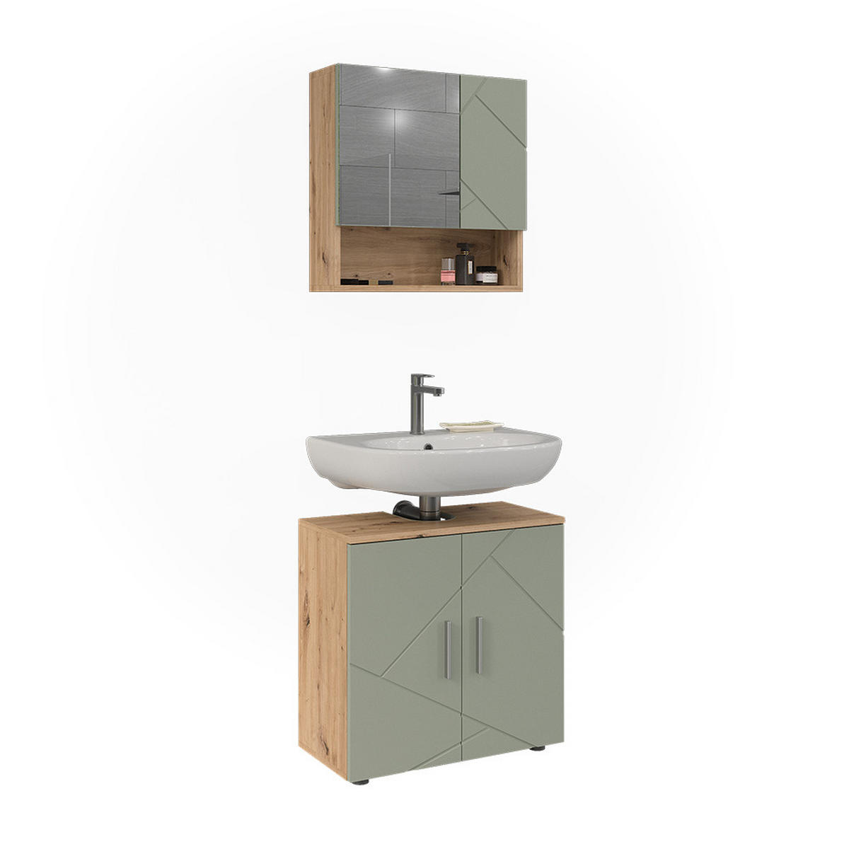 BADMÖBEL-SET Irma Salbeigrün 2 Teile - Salbeigrün/Hellgrau, Holzwerkstoff (60/59/30cm) - Vicco