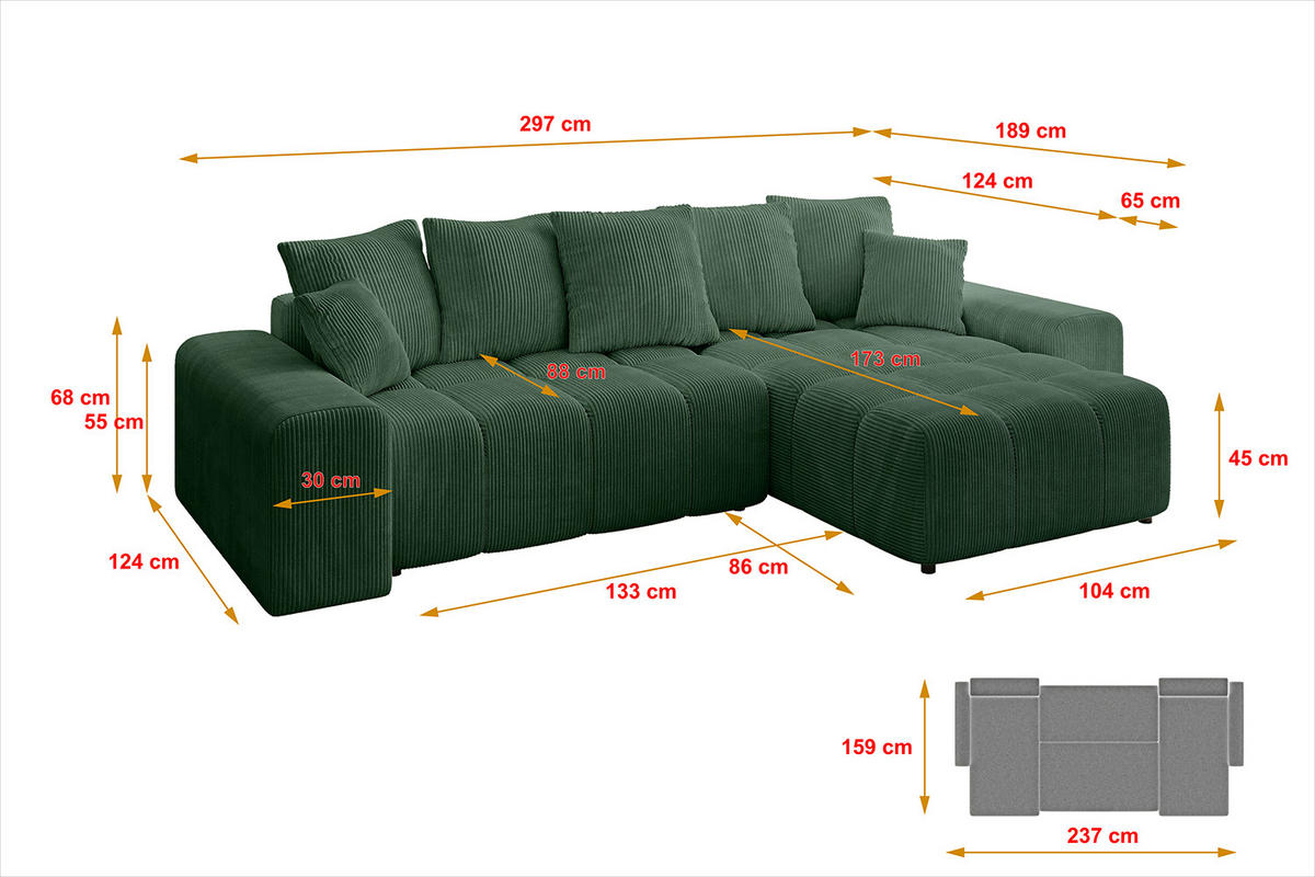 ECKSOFA Ottomane rechts ENIL-L 297x189x68 Grün Cord - Grün, Holzwerkstoff/Kunststoff (189/297cm) - ALTDECOR