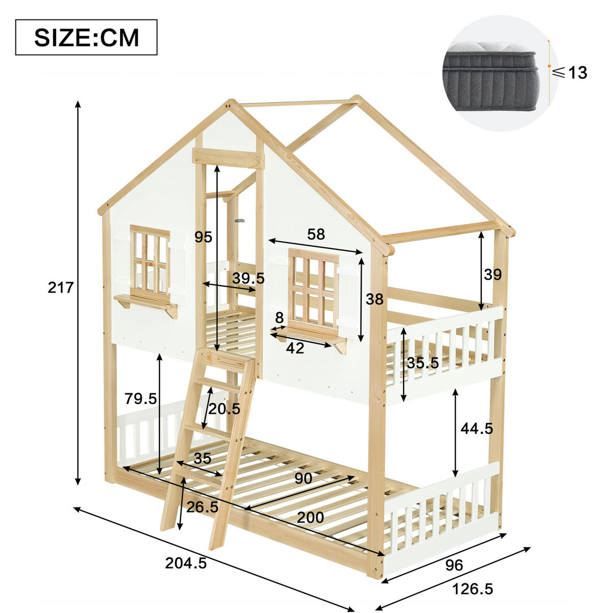 ETAGENBETT mit Fenster und Dach, Weiß/Natur, 90/200 cm, ohne Matratze - Weiß, Holz (90/200cm) - MIVRAY