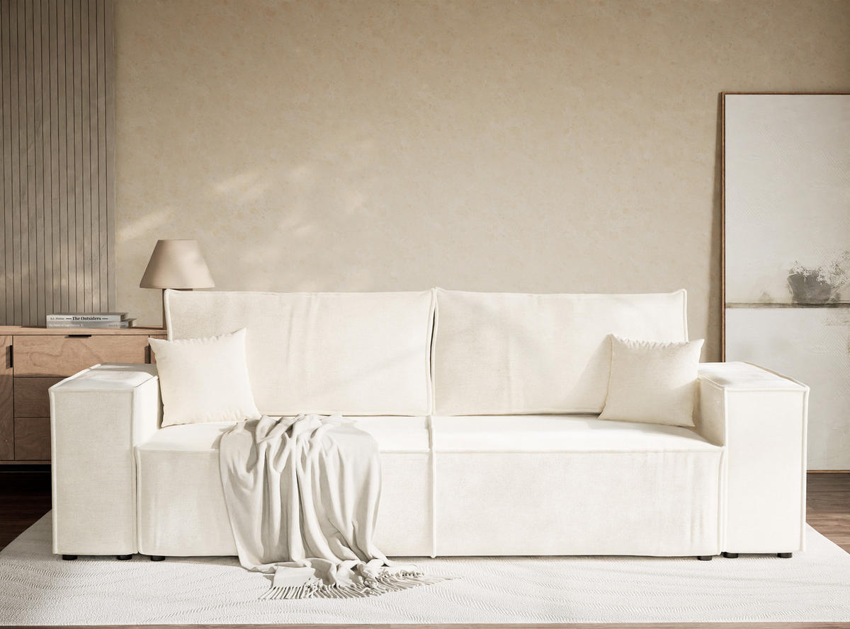 SOFA MIT SCHLAFFUNKTION Milos Creme Chenille-Stoff - Creme/Schwarz, Holz/Holzwerkstoff (255/70/105cm) - Maison de Reve