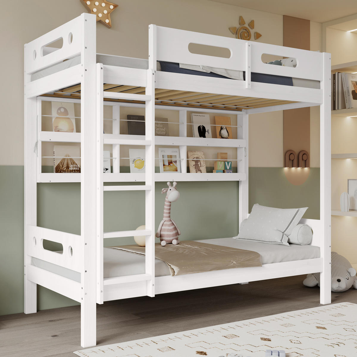 POSCHODOVÁ posteľ 90/200 cm biela/prírodná s otvoreným regálom a 5-stupňovým rebríkom z masívneho dreva a MDF - biela, drevo (90/200cm) - OKWISH