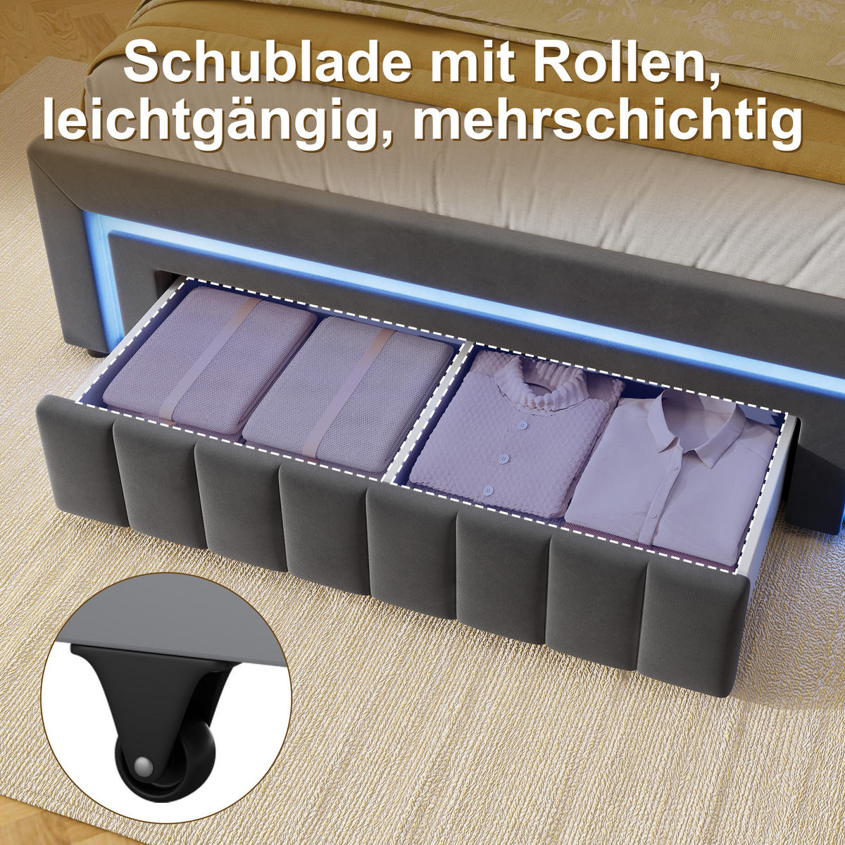 POLSTERBETT 140/200 cm mit hydraulischem Bettkasten, Schublade mit Rollen, LED-Beleuchtung, Grau - Grau, Textil (140/200cm) - Redom