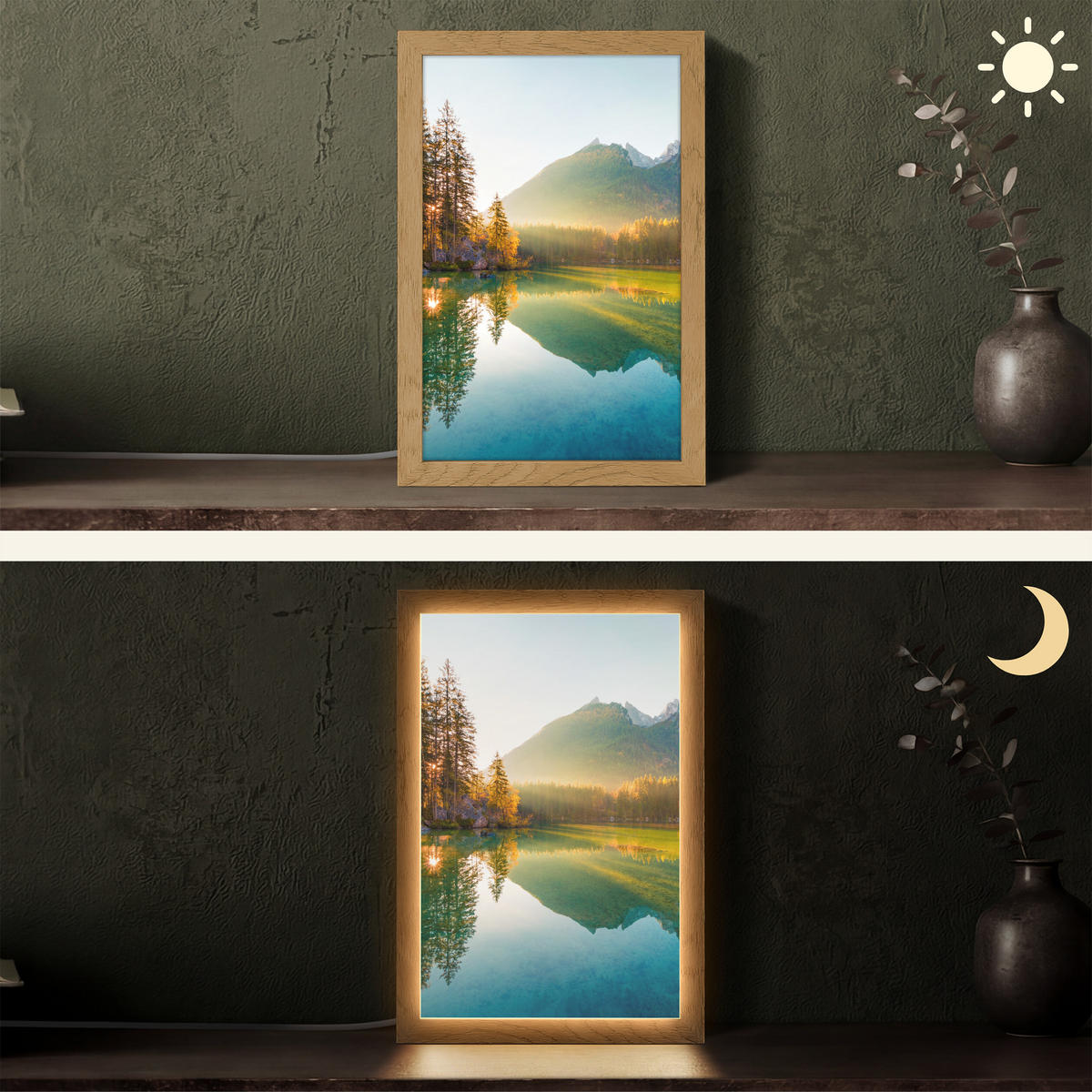 STOLNÍ LAMPA Jezero - Les - Hory - Příroda - Slunce - Krajina 20x30 cm - kari žlutá, kompozitní dřevo (8/20/30cm) - OnlyWow