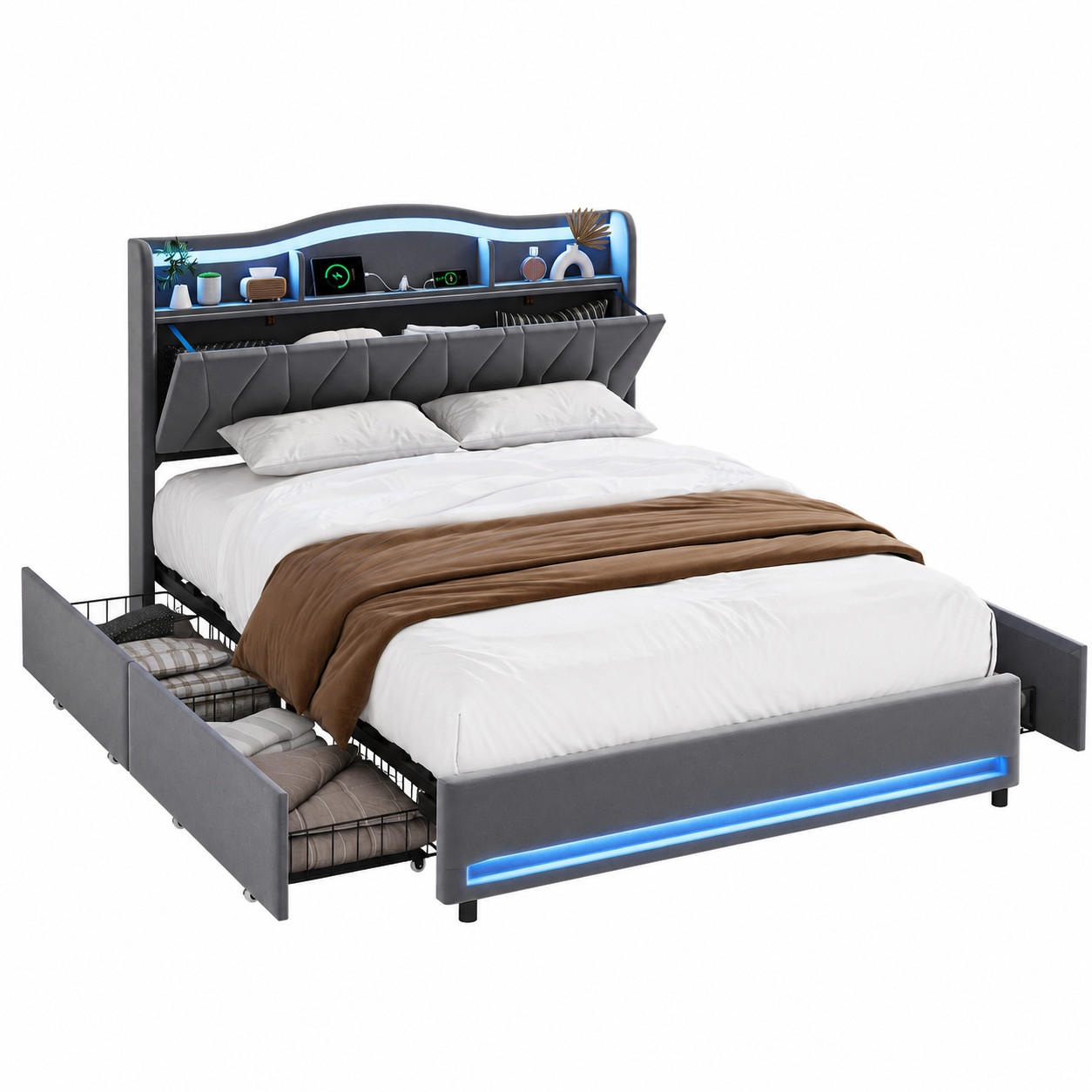 POLSTERBETT 140/200 cm Grau,Bett mit Stauraum, LED-Beleuchtung&USB und Type-C - Grau, Holz/Metall (140/200cm) - FURNISHINGS HOME