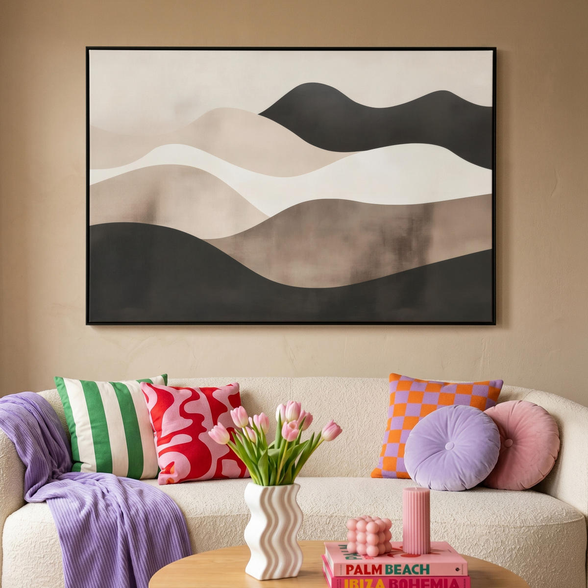 LEINWAND Bilder mit Rahmen - Abstrakt - Landschaft - Wellen - Cremefarben - 120x80 - Cappuccino, Textil (120/80cm) - MuchoWow