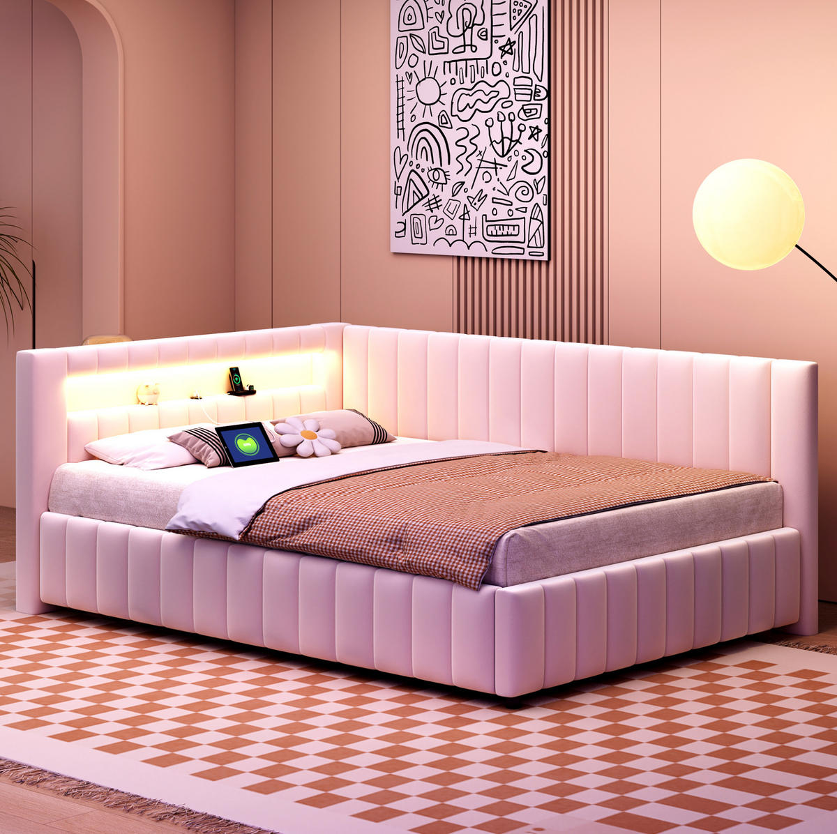 POLSTERBETT 140/200 cm Beige aus Samt mit LED-Licht und USB-Ladeanschluss - Beige, Textil (140/200cm) - OKMYHOME