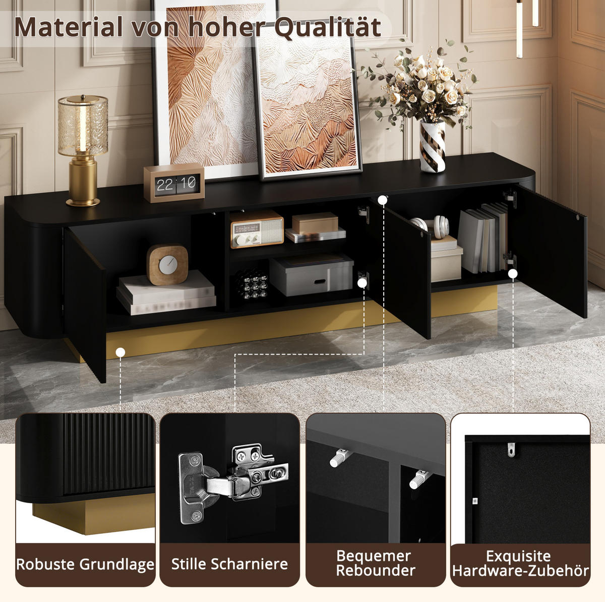 TV-LOWBOARD aus MDF und Spanplatte 170x40,5x47 cm Schwarz mit Kabelmanagement und 3 Türen - Schwarz, Holzwerkstoff (170/47/40.5cm) - Modfu