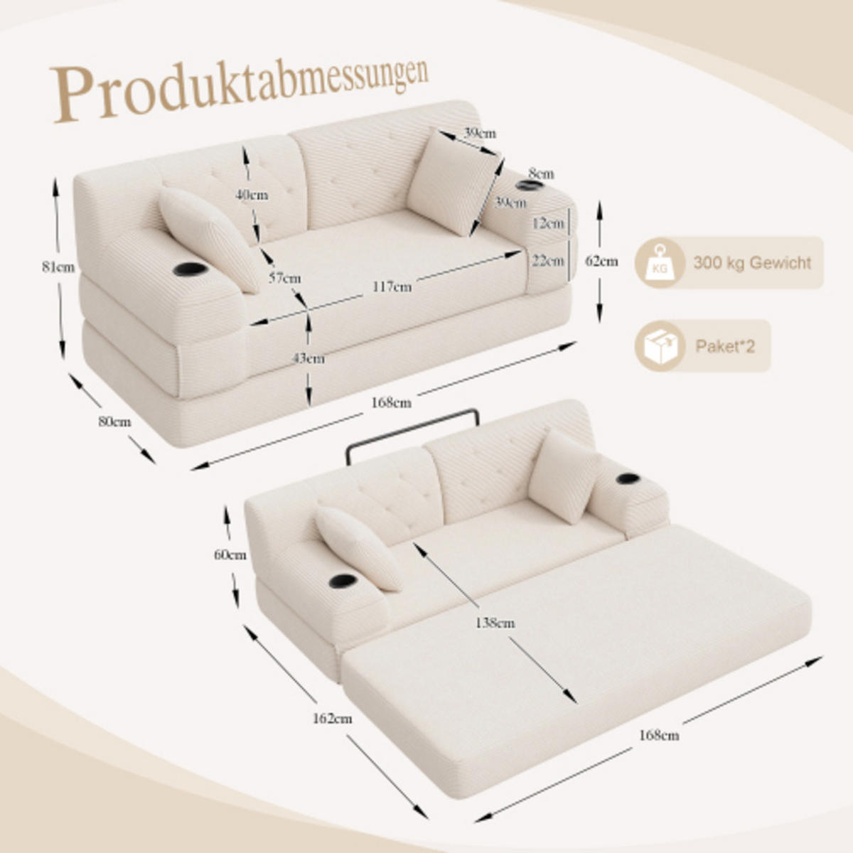 SCHLAFSOFA mit Metallrahmen beige 168×80×81 cm aus Cordstoff - Beige, Textil (80/81/168cm) - Luhomfu