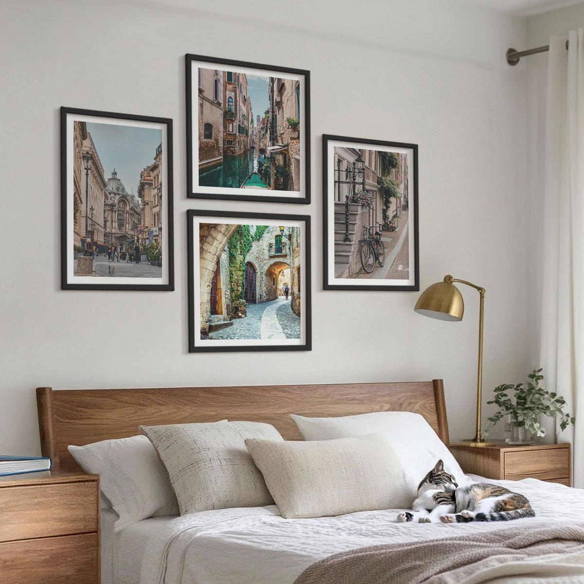 BILDER SET 4er Set - 50x50 cm & 40x60 cm Schwarzer Rahmen - Venezianische Straßen Wasserarchitektur - Schwarz, Kunststoff (50/50cm) - TULUP