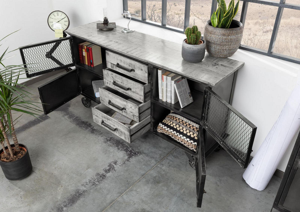 SIDEBOARD Mango 153x40x80 grau lackiert HEAVY INDUSTRY #153 - Grau, Holz (153/80/40cm) - Massivmoebel24