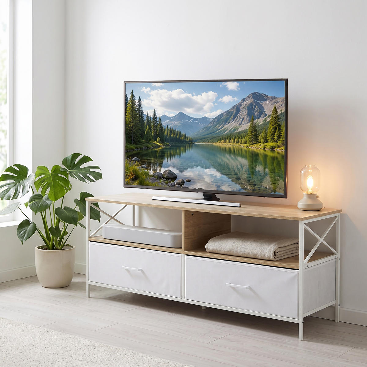 TV-LOWBOARD Holzoptik-Weiß Stoffschubladen 120 cm - Multicolor, Holzwerkstoff/Textil (120/50/40cm) - Relaxdays