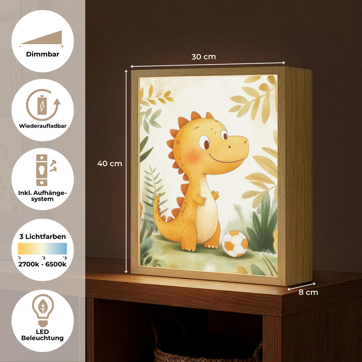 NACHTTISCHLAMPE MIT AKKU Dino - Fußball - Orange 30x40 cm - Beige, Holzwerkstoff (8/30/40cm) - OnlyWow