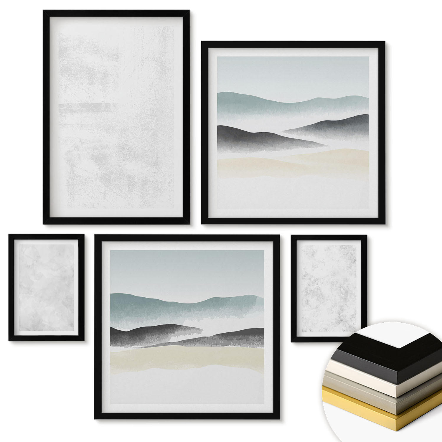 WANDBILDER 5er-Set - 50x50 cm & 20x30 cm & 40x60 cm Schwarzer Rahmen - Weiße Flecken auf Leinwandhintergrund - Schwarz, Kunststoff (40/60cm) - ArtPrintCave