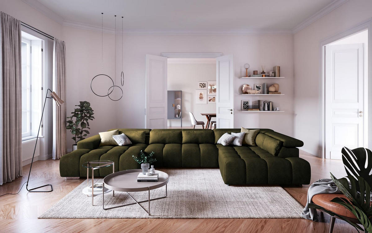 WOHNLANDSCHAFT XXL mit verstellbaren Kopflehnen, Velvet-Stoff - Silberfarben/Grün, Textil/Metall (225/73/409cm) - Cotta