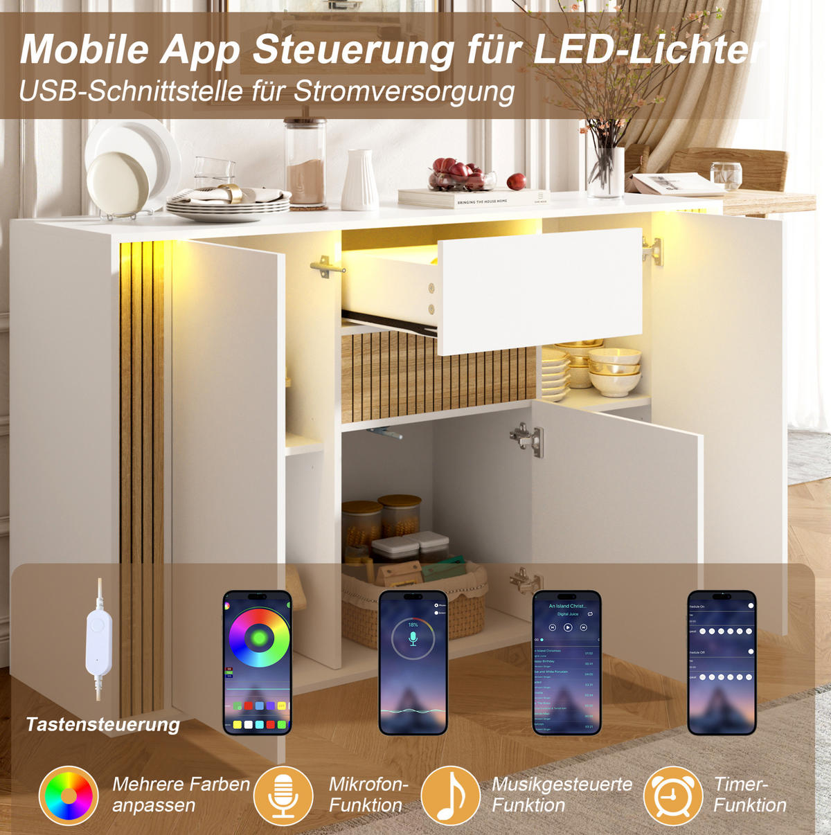 SIDEBOARD in Weiß und Natur 140x40x82 cm mit 3 Türen, Schublade und LED-Beleuchtung - Weiß, Holzwerkstoff (40/82/140cm) - IVMEU