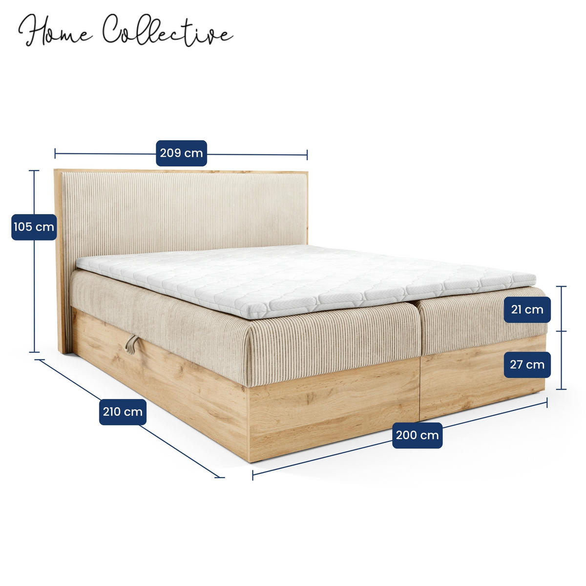 BOXSPRINGBETT Holzoptik Sonoma mit Topper 200x200 cm Beige - Beige, Textil (200/200cm) - Home Collective