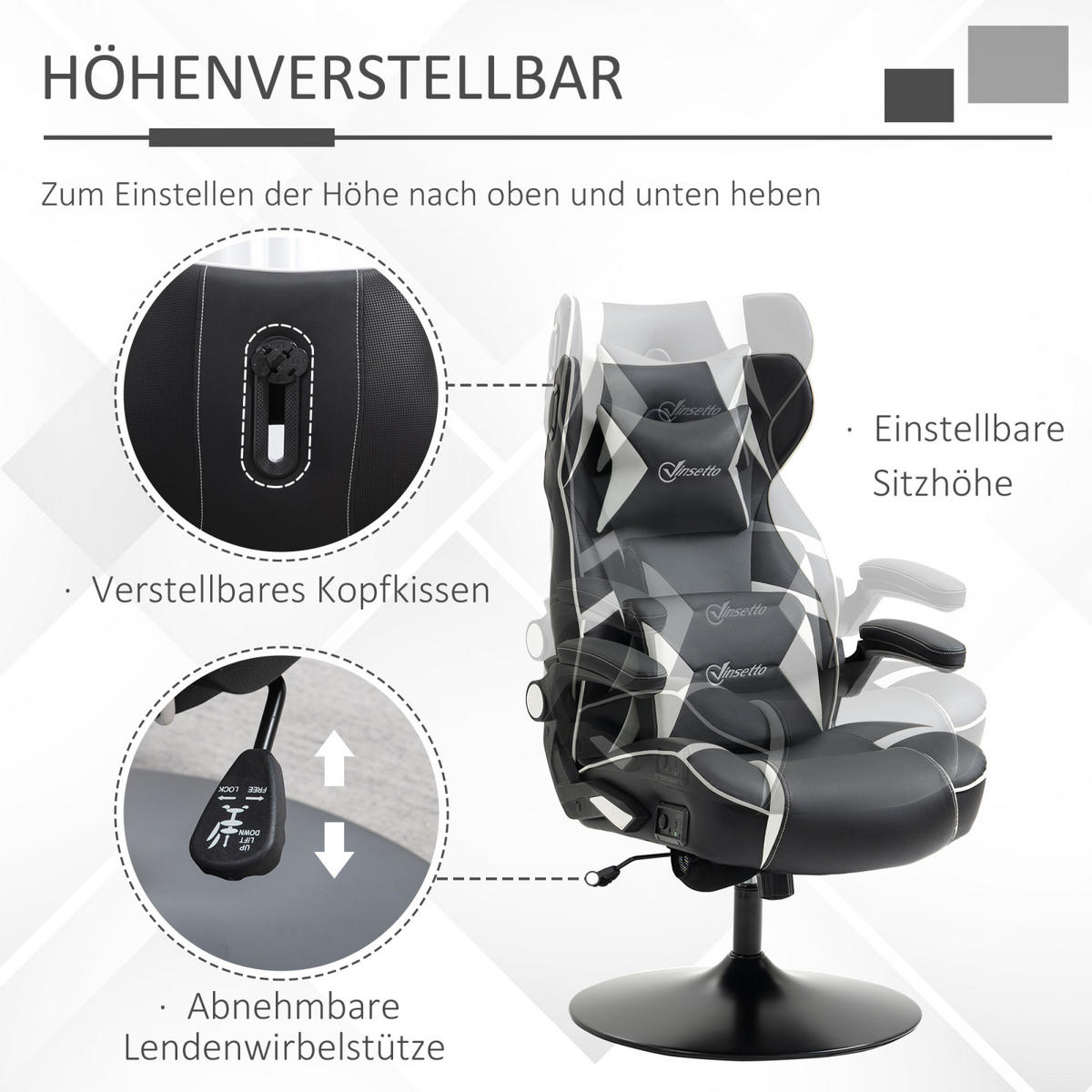GAMING Stuhl mit runder Bodenplatte, drehbar & neigbar, ergonomischer Sessel, Schwarz-Weiß - Weiß, Leder (69/112/73cm) - BRILVERDE