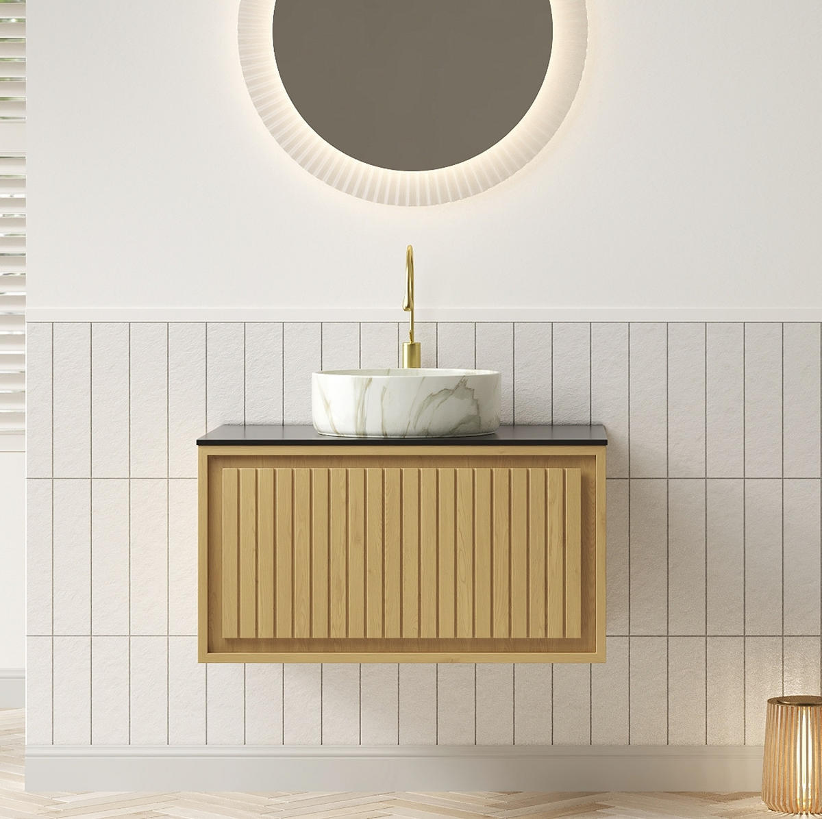 WASCHTISCHUNTERSCHRANK hängend mit Schublade Keramik und Sinterstein Golden Oak - Eichefarben, Holzwerkstoff (48/53.1/76cm) - Beauniv
