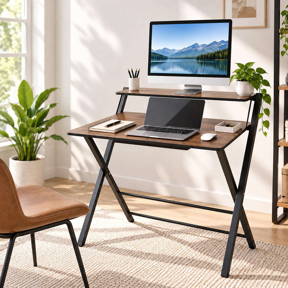 SKRIVBORD Svart fällbart med monitorhylla 70x56 cm - Svart, Träbaserade material/Metall (56/70/82cm) - Relaxdays