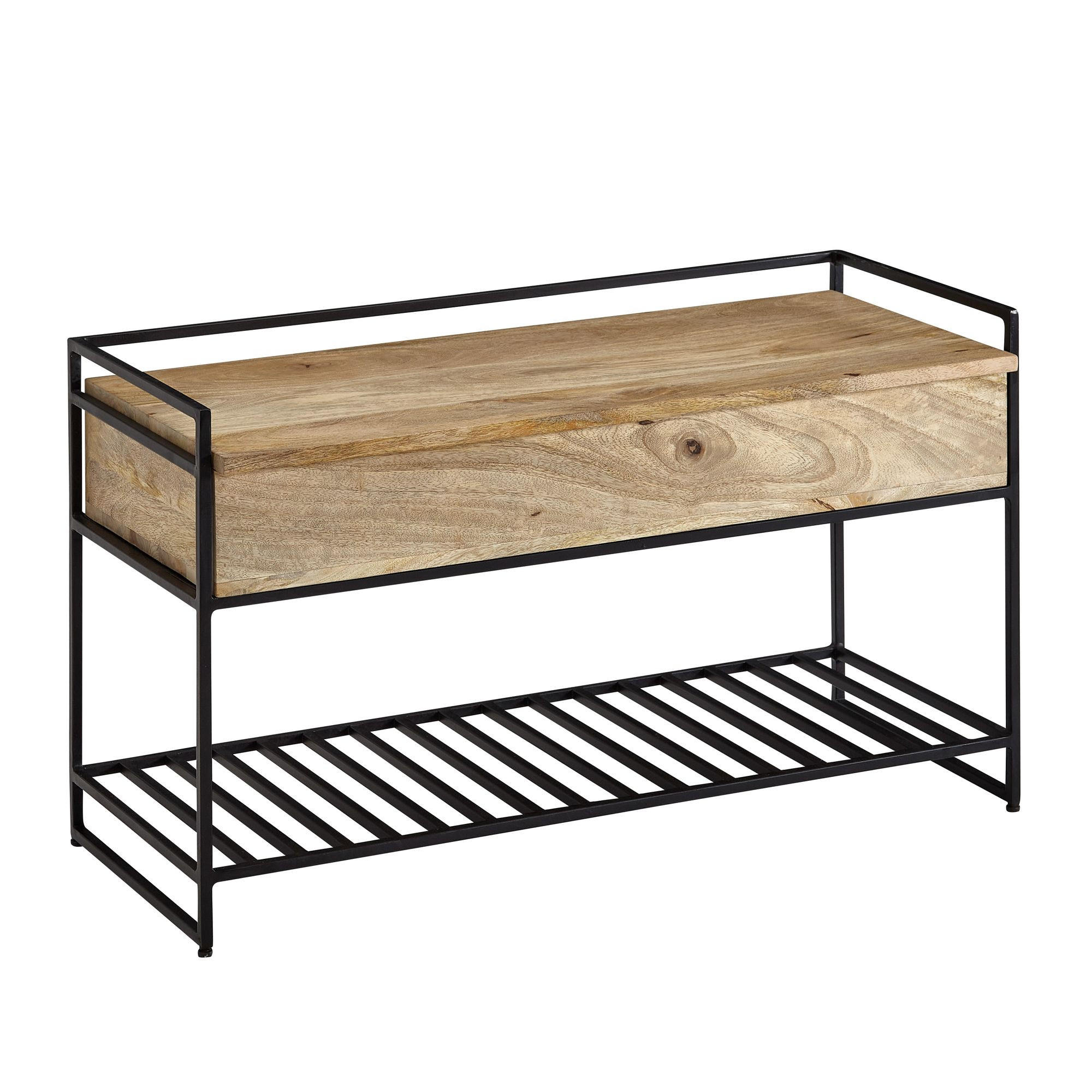 FLURBANK Holz Metall Sitzfläche hochklappbar, Beige 90x38x52 cm - Beige/Schwarz, Holz/Metall (90/52/38cm) - KADIMA DESIGN