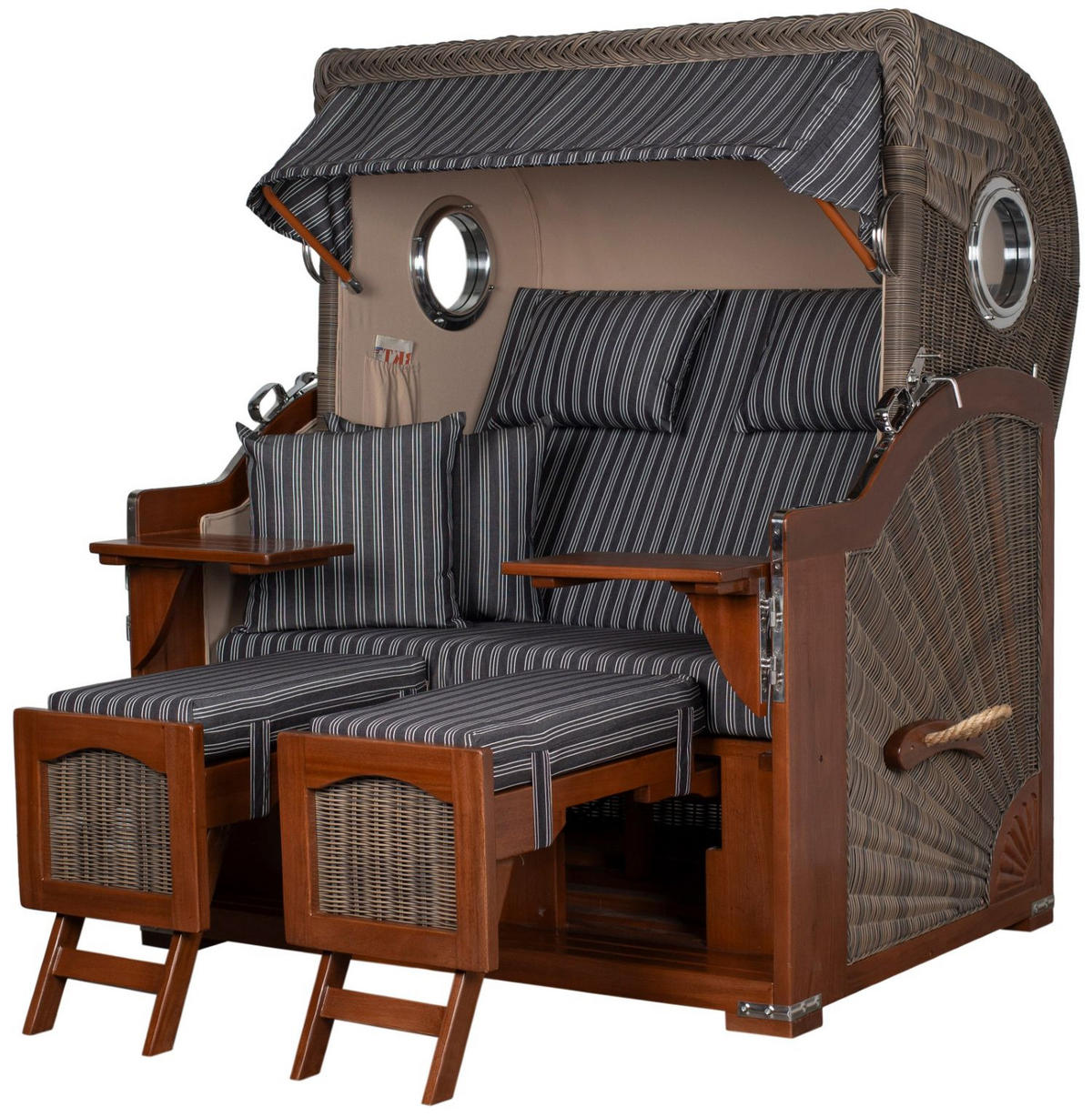 STRANDKORB Komplettset: Ammersee Grande XL Mahagoni Bullauge - PE grau - Modell 500 - Grau, Holz/Kunststoff (142/165/95cm) - bene living