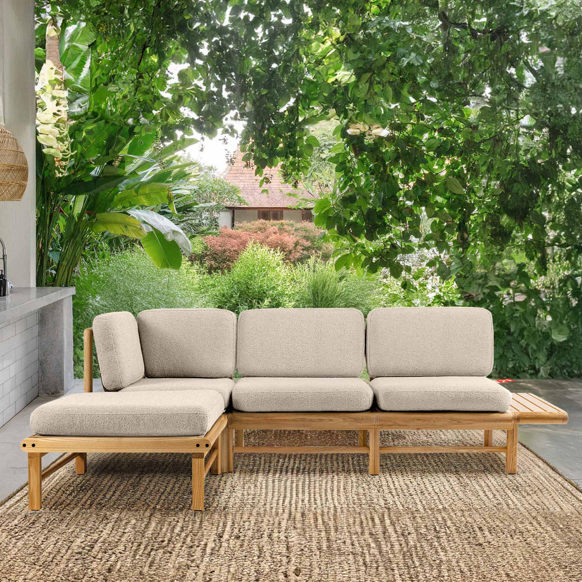 LOUNGESOFA ATREDA links - Creme, Holz/Textil (245/74/150cm) - KONSIMO®