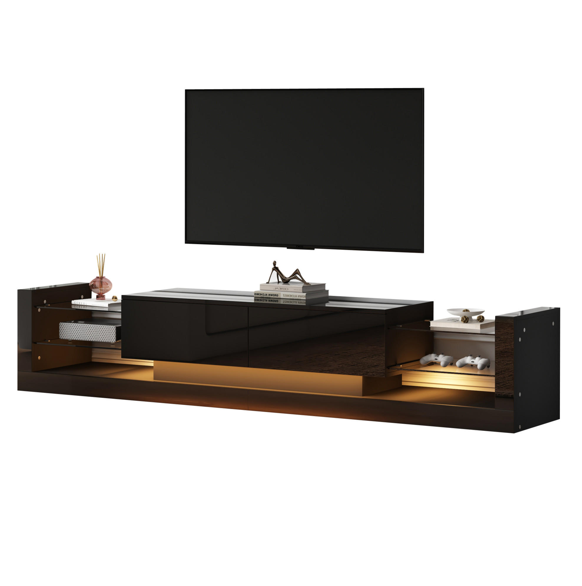 LOWBOARD 181/38/38 cm aus Spanplatte mit LED-Beleuchtung und Hochglanzfront Schwarz - Schwarz, Holzwerkstoff (181/38/38cm) - Modenvie