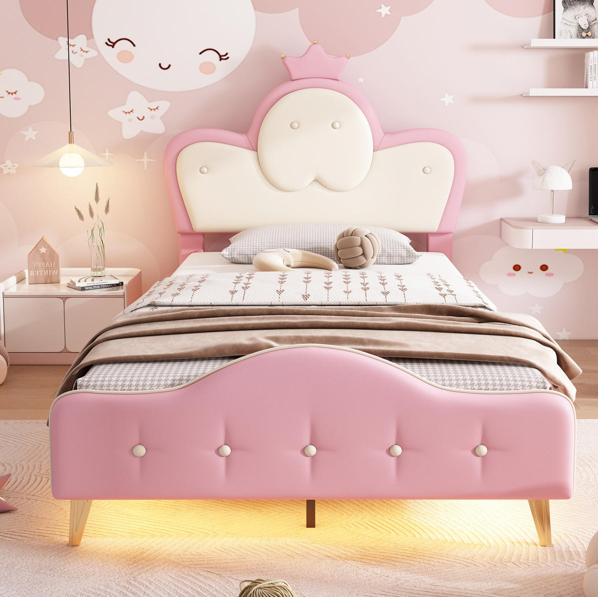 KINDEREINZELBETTEN aus Kunststoff 90x200 cm in Rosa/Weiß mit LED-Lichtleiste - Weiß, Kunststoff (90/200cm) - Modfu