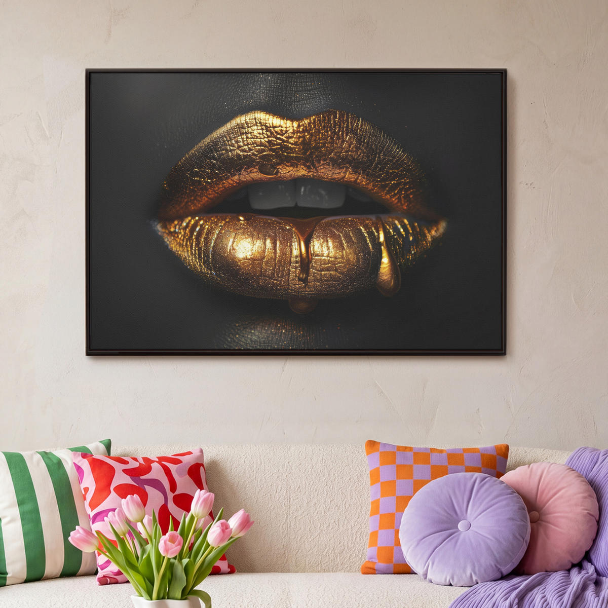 LEINWAND Bilder mit Rahmen - Frau - Porträt - Lippen - Gold - Schwarz - 90x60 - Schwarz, Textil (90/60cm) - MuchoWow