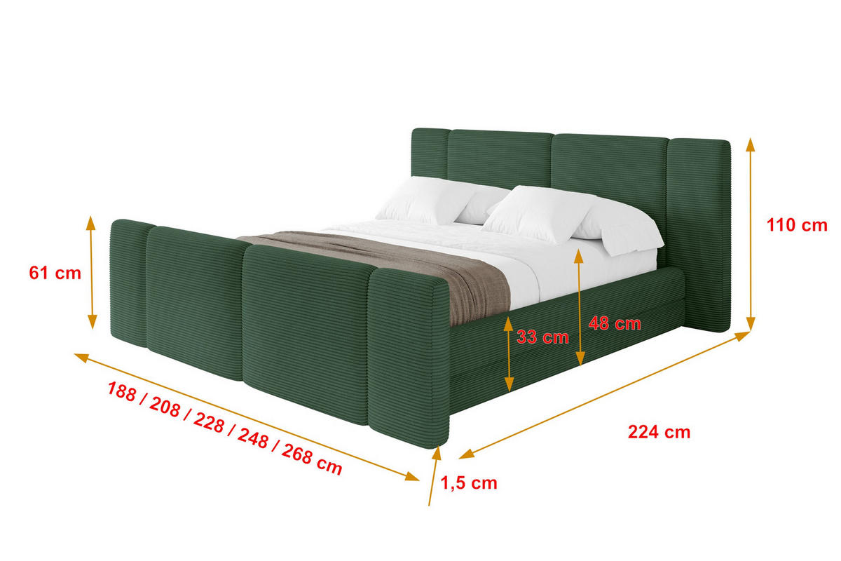 POLSTERBETT mit Bettkasten, Fußteil und Lattenrost, Bett mit Matratze H3/H4 - TEVO-Z 140x200 Grün - Grün, Holzwerkstoff/Textil (140/200cm) - ALTDECOR