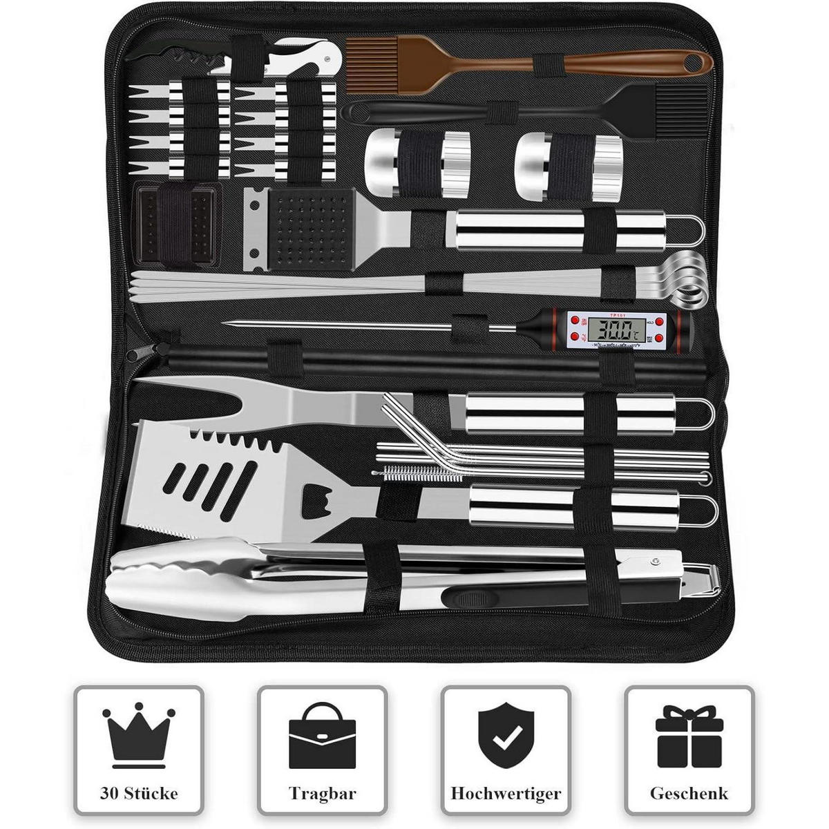 GRILLBESTECK Set 30-teilig Edelstahl mit Grillmatte und Koffer - Silberfarben, Metall (39cm)