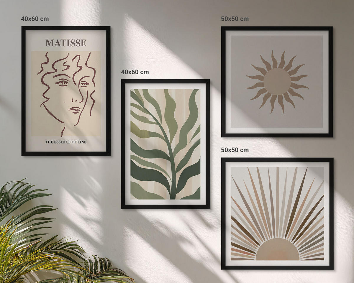 WANDBILDER 4er-Set - 50x50 cm & 40x60 cm Schwarzer Rahmen - Abstrakte Pflanzenmuster - Schwarz, Kunststoff (50/50cm) - ArtPrintCave
