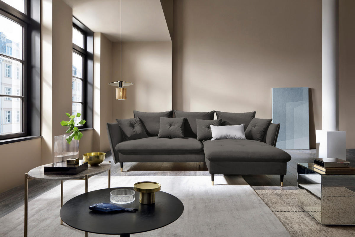 ECKSOFA GLAM mit Schlaffunktion, Ottomane & goldenen Füßen – Samtsofa im Glamour-Stil mit Zierkissen, 258x167x91 cm, rechte, dunkelgrau​ - Dunkelgrau, Holz/Textil (258/167cm) - DomoHome