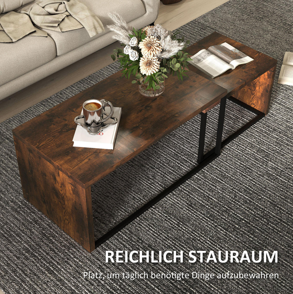 COUCHTISCH 90/48/42 cm und 59/42/36 cm rustikal braun aus Holz mit Metallrahmen - Braun, Holz (90/48/42cm) - OKMYHOME
