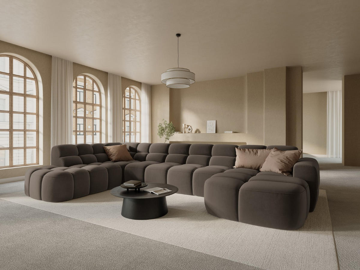 PANORAMASOFA links Lisa aus Samt hellbraun 7 Sitzplätze - Hellbraun, Textil (234/77/387cm) - Micadoni