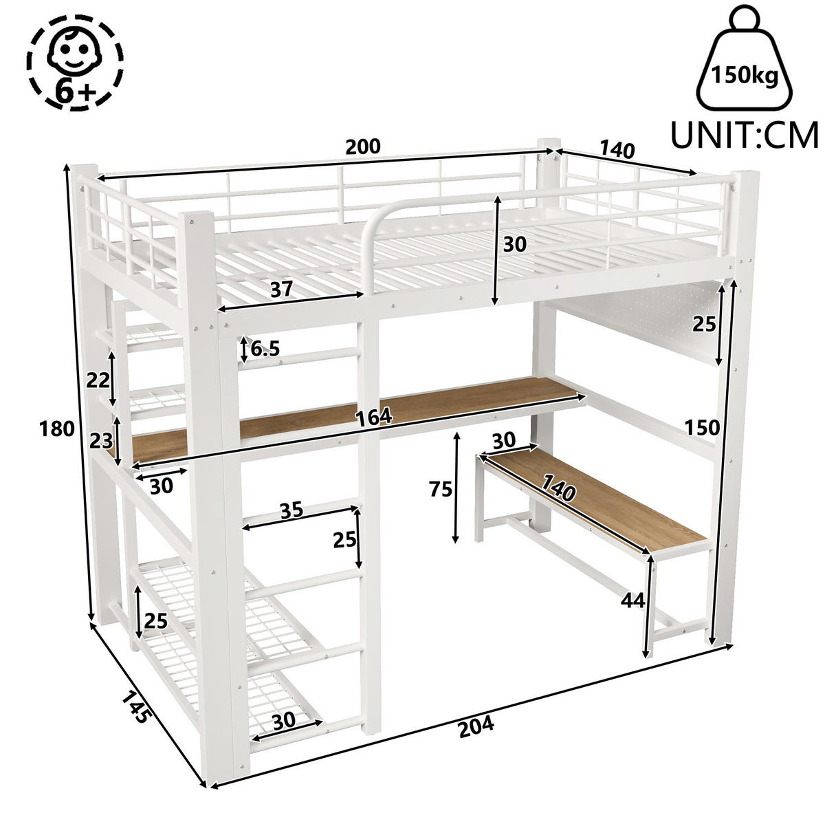 HOCHBETT 140/200 cm Weiß mit LED, Schreibtisch und Stauraum ohne Matratze - Weiß, Metall (140/200cm) - MIVRAY