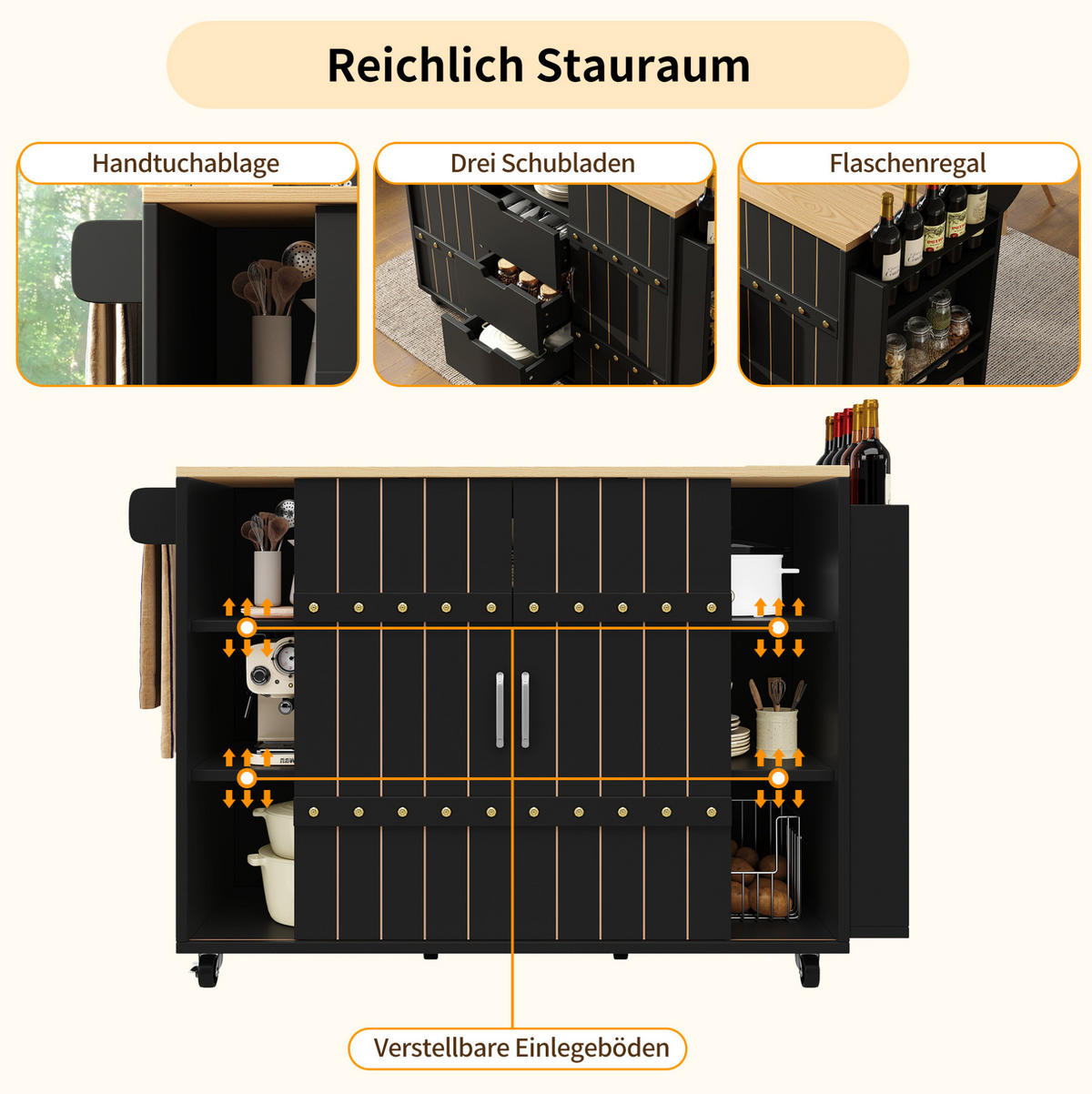 KÜCHENWAGEN 110x42x90cm aus MDF mit Klappplatte,3 Schubladen & 4 Rollen - Schwarz, Holzwerkstoff (110/90/42cm) - Modfu