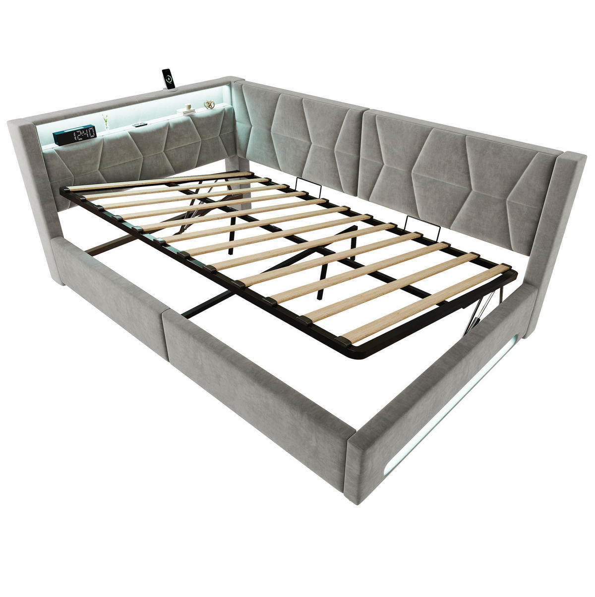 POLSTERBETT 140x200 cm in Dunkelgrau mit Bettkasten, LED-Beleuchtung und USB/Type-C - Dunkelgrau, Metall (140/200cm) - IVMEU