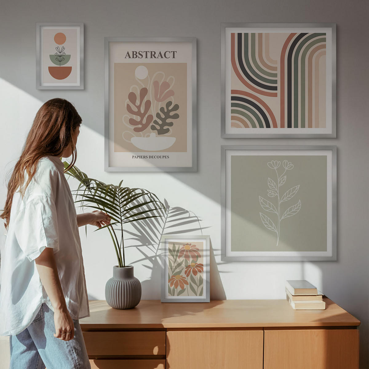 BILDER SET 5er Set - 50x50 cm & 20x30 cm & 40x60 cm Silberner Rahmen - Abstrakte Pastellpflanzen - Silberfarben, Kunststoff (40/60cm) - TULUP